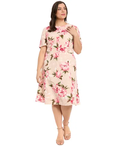 London Times Plus Size Short-sleeve Printed Midi Dress In Pink