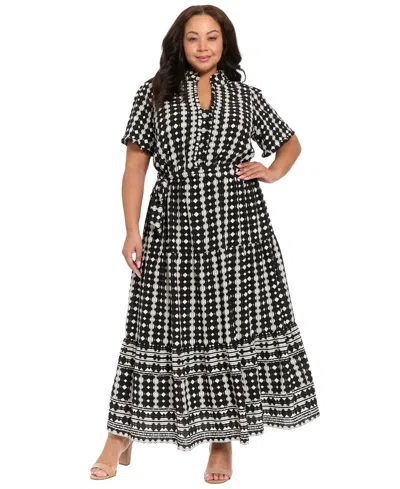London Times Plus Size Short-sleeve Ruffle Collar Tiered Maxi Dress In Multi