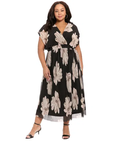 London Times Plus Size Short-sleeve V-neck Pleated Maxi Dress In Multi