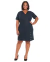 London Times Plus Size Side Button Sheath Dress In Blue