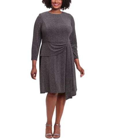 London Times Plus Size Side-draped Glitter-knit Dress In Gray