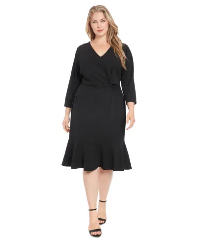 London Times Plus Size Side-knot 3/4-sleeve Dress In Black