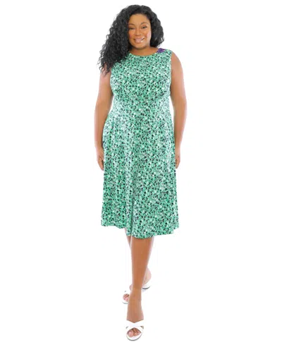 London Times Plus Size Sleeveless Fit & Flare Midi Dress In Green Ivory