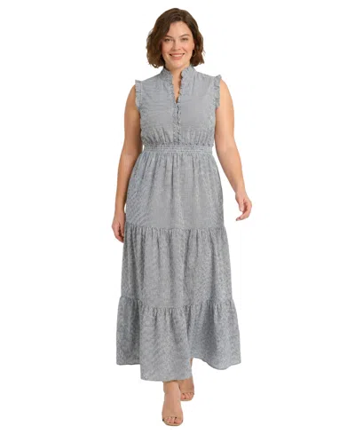 London Times Plus Size Sleeveless Tiered Maxi Dress In Blue