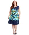 London Times Plus Size Split-neck Floral-print Fit & Flare Dress In Navy Blue