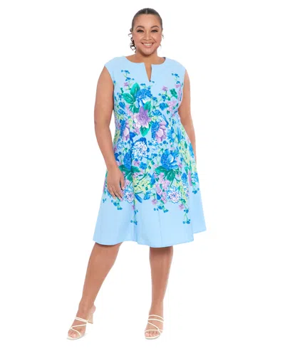 London Times Plus Size Split-neck Floral-print Fit & Flare Dress In Sky Blue