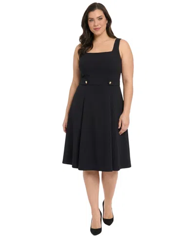 London Times Plus Size Square-neck Sleeveless Scuba Crepe Midi Dress In Black