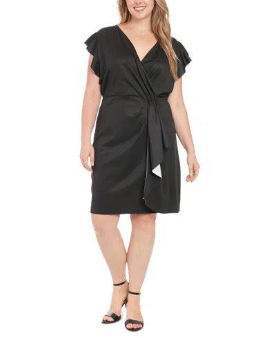 London Times Plus Size Surplice Cascade Sheath Dress In Black,ivory