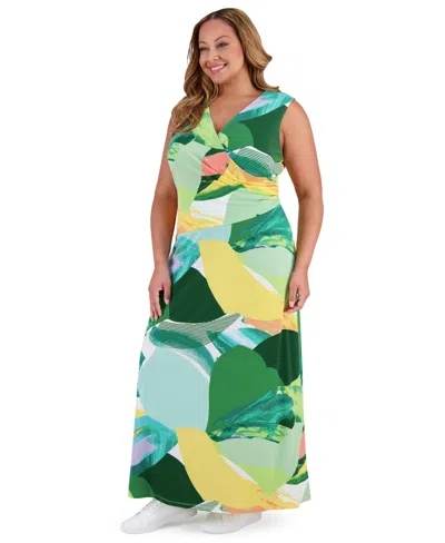 London Times Plus Size Surplice Jersey Maxi Dress In Multi
