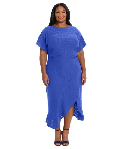 London Times Plus Size Textured Asymmetric-hem Short-sleeve Midi Dress In Blue