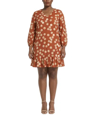 London Times Plus Size Textured Bishop-sleeve Shift Dress In Brown