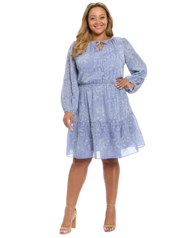 London Times Floral Embroidered Long Sleeve Dress In Blue