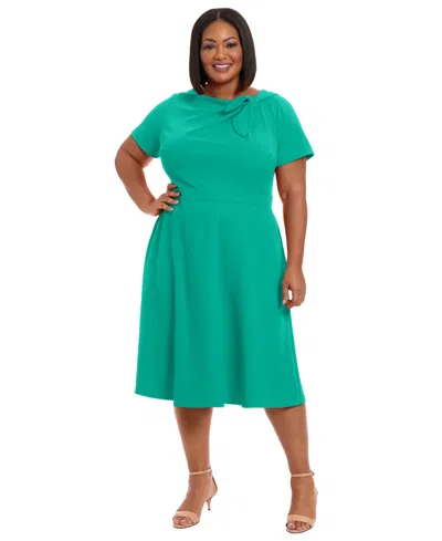London Times Plus Size Tie-neck Fit & Flare Dress In Green