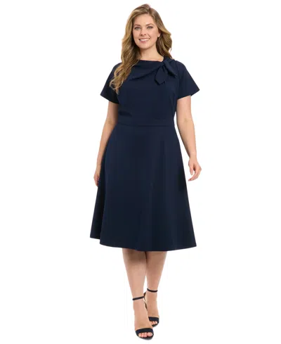 London Times Plus Size Tie-neck Fit & Flare Dress In Navy