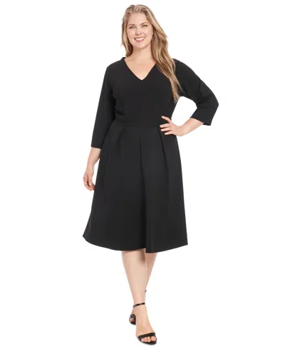 London Times Plus Size Topstitched 3/4-sleeve Dress In Black