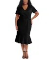 London Times Plus Womens Knot Front Flounce Midi Dress In Black