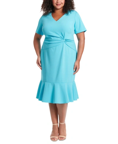 London Times Plus Size Twist-front Flounce-hem Dress In Blue Atoll