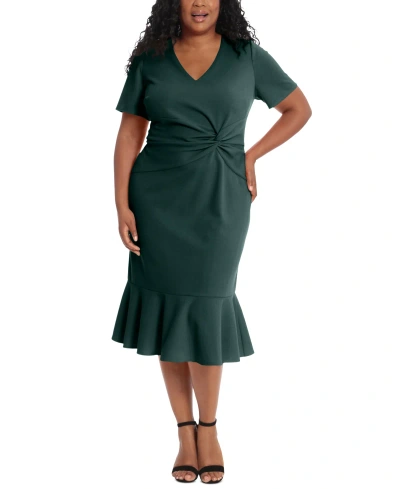 London Times Plus Size Twist-front Flounce-hem Dress In Emerald