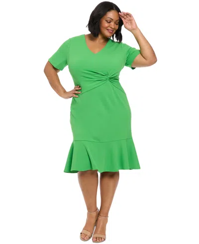 London Times Plus Size Twist-front Flounce-hem Dress In Kelly Green