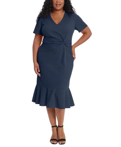 London Times Plus Size Twist-front Flounce-hem Dress In Navy
