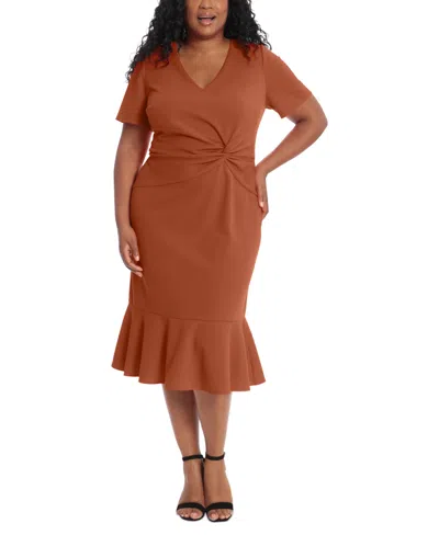 LONDON TIMES PLUS SIZE TWIST-FRONT FLOUNCE-HEM DRESS