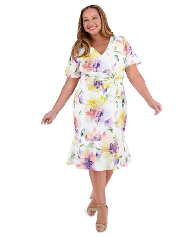London Times Plus Size Twist-front Ruffle-hem Midi Dress In Purple