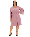 London Times Flare Sleeve Twist Waist Midi Dress In Dk Orchid