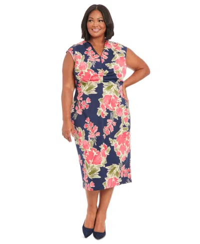 London Times Plus Size V-neck Ruched-front Dress In Navy Berry