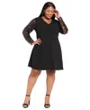 London Times Plus Size V-neck Sequin Sleeve Shift Dress In Black