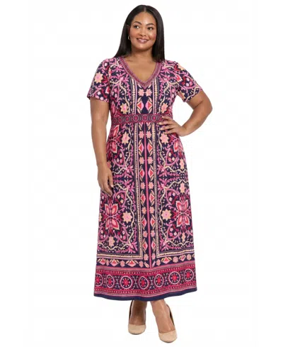 London Times Plus Size V-neck Short-sleeve Maxi Dress In Multi
