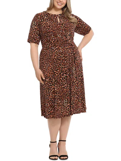 London Times Plus Womens Animal Print Jersey Fit & Flare Dress In Tan Multi