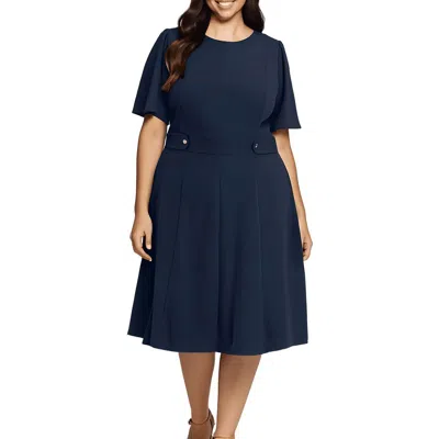 London Times Plus Womens Cocktail Midi Fit & Flare Dress In Blue