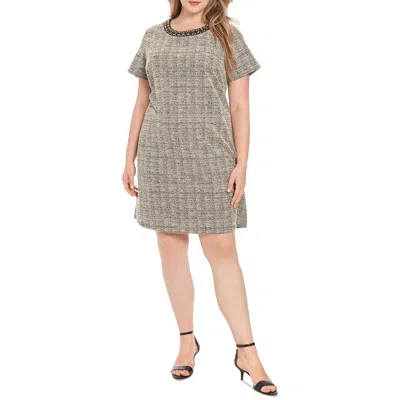 London Times Plus Size Embellished Jacquard T-shirt Dress In Black White