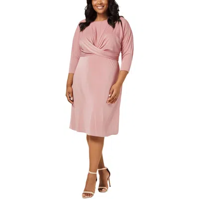 London Times Plus Womens Ruched Short Midi Dress