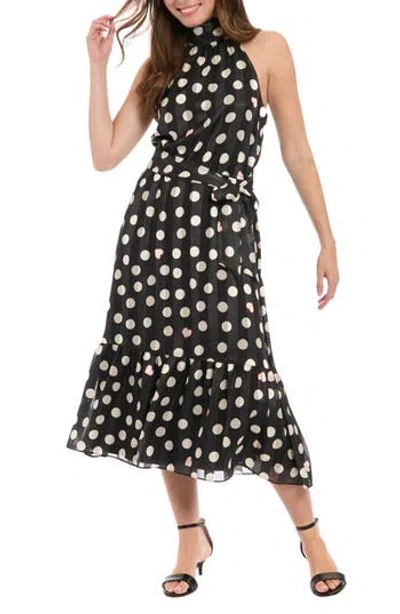 London Times Polka Dot & Heart Halter Midi Dress In Black/blush