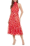 London Times Women's Polka-dot Tie-waist Mock-neck Dress In Fiery Red/navy