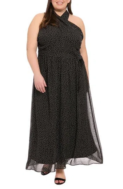 London Times Polka Dot Halter Maxi Dress In Black