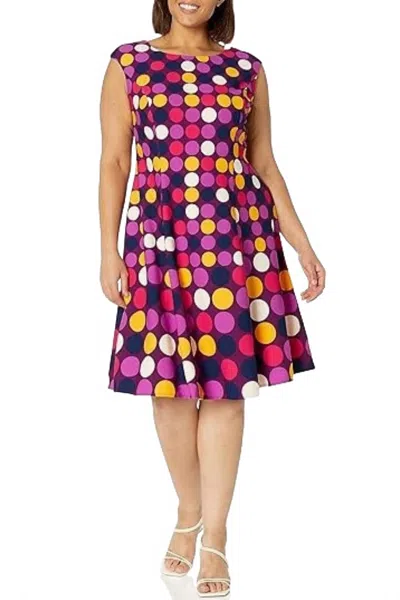 London Times Polka Dot Print Fit And Flare Midi Dress In Purple Multi