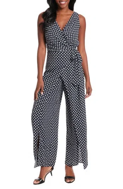 London Times Polka Dot Walk-through Jumpsuit In Navy/white