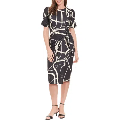 London Times Print Side Tie Puff Sleeve Dress In Black/cream