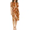 London Times Print Side Tie Puff Sleeve Dress In Brown/cream