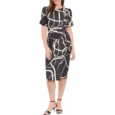 London Times Puff Sleeve Tie Waist Midi Dress In Black