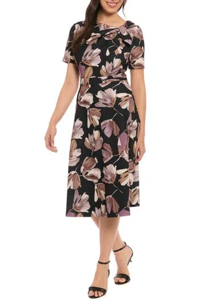 London Times Print Tie Neck Scuba Fit & Flare Dress In Multi