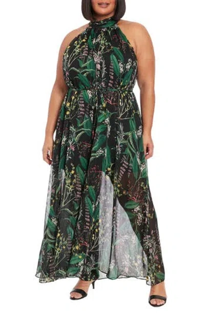 London Times Print Wide Leg Chiffon Jumpsuit In Black Multi