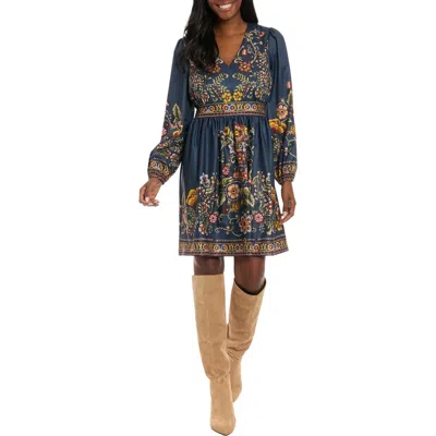 London Times Printed Long Sleeve Fit & Flare Dress In Multi