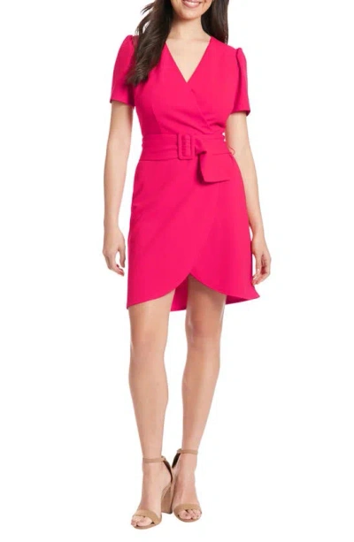 London Times Puff Sleeve Belted Wrap Dress In Bright Pink