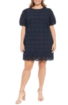 London Times Puff Sleeve Embroidered Shift Dress In Navy