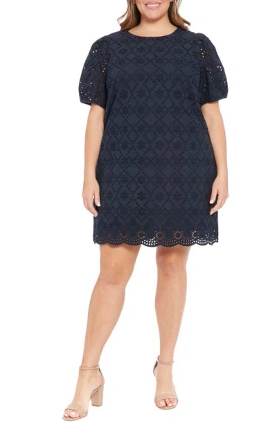 London Times Puff Sleeve Embroidered Shift Dress In Navy
