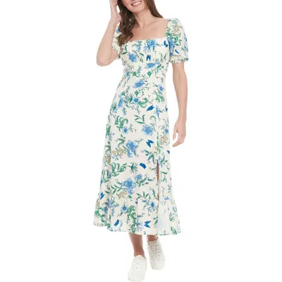 London Times Puff Sleeve Empire Waist Maxi Dress In Cream/blue