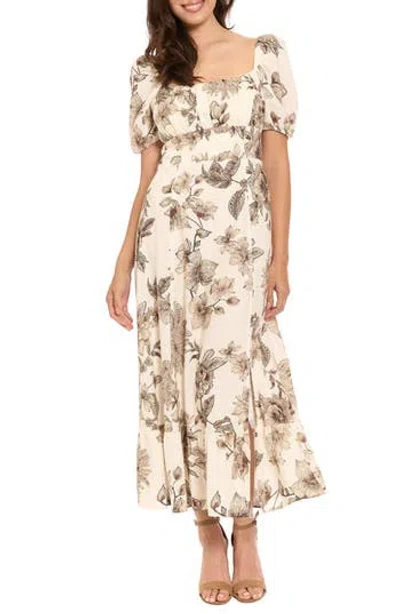 London Times Puff Sleeve Empire Waist Midi Dress In White